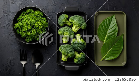 fresh broccoli salad with spinach leaves 128650850