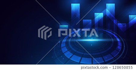 Arrow up glowing blue with lighting effect on dark blue background. 128650855