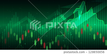 Stock market candlesticks glowing light effedct on dark green background. 128650856