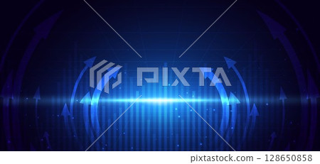 Arrow glowing blue curved with lighting effect on dark blue background. 128650858