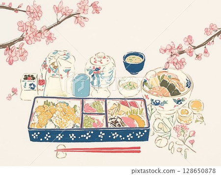Spring feast and cherry blossom viewing time: Cherry blossoms and colorful Japanese cuisine Spring feast and cherry blossom viewing time: Cherry blossoms and colorful Japanese cuisine 128650878