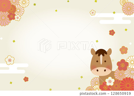 2026年馬年新年賀卡插圖|可愛的馬和日式花卉設計 128650919