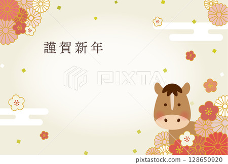 2026年馬年新年賀卡插圖|可愛的馬和日式花卉設計 128650920