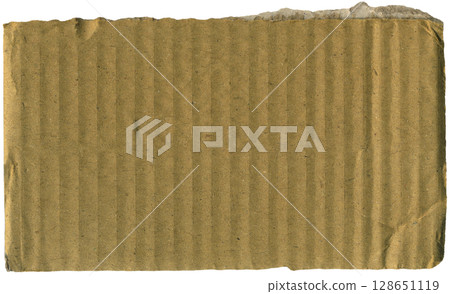 Torn corrugated cardboard piece isolate. Ripped carton scrap for mockups, backgrounds, and design projects 128651119