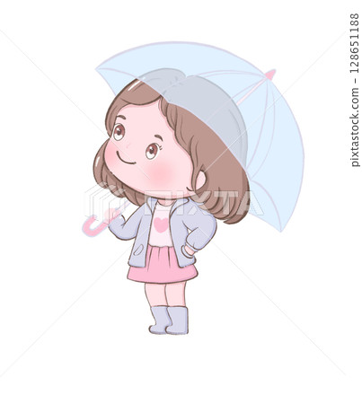 cute girl Standing with an umbrella clipart in pink dress cartoon flat design for children artwork 128651188