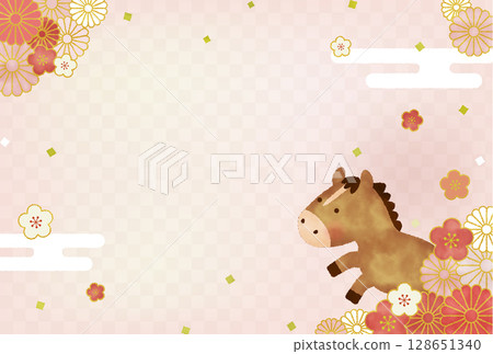 水彩風格2026年新年賀卡插圖|可愛的馬和日式花卉設計 128651340