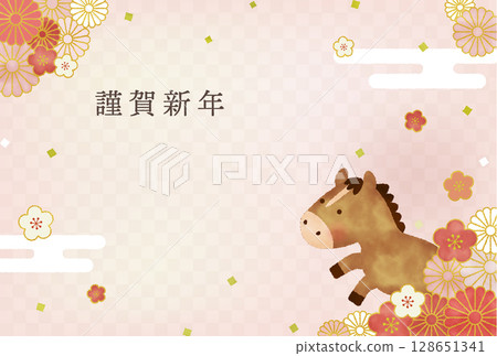Watercolor style 2026 Year of the Horse New Year's card illustration | Cute horse and Japanese-style floral design Watercolor style 2026 Year of the Horse New Year's card illustration | Cute horse and Japanese-style floral design 128651341