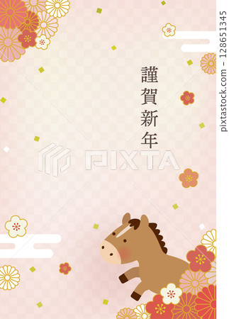 2026年馬年新年賀卡插圖|可愛的馬和日式花卉設計 2026年馬年新年賀卡插圖|可愛的馬和日式花卉設計 128651345