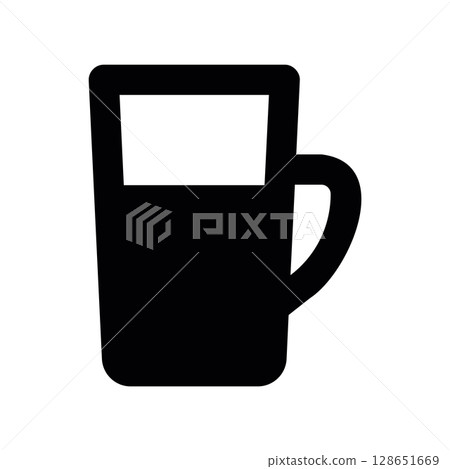 Simple Black and White Icon of a Filled Glass Mug with a Handle 128651669