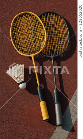 Two badminton rackets with yellow and black frames and shuttlecock on textured red court surface, casting shadows in bright sunlight, creating sporty and energetic scene 128652020