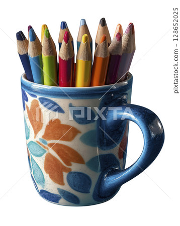 Colorful pencils decorative ceramic mug with floral pattern isolated transparency background vibrant artistic creative stationery art supplies craft design workspace colorful writing tools Colorful pencils decorative ceramic mug with floral pattern isolated transparency background vibrant artistic creative stationery art supplies craft design workspace colorful writing tools 128652025