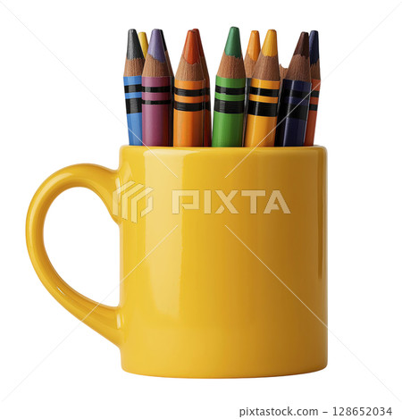 Yellow ceramic mug filled with colorful crayons standing upright, isolated on transparency background, vibrant and playful, suitable for art supplies or creative workspace themes 128652034