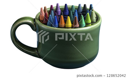 Green ceramic mug filled with colorful crayon tips isolated transparency background vibrant and playful perfect for art projects or children activities cheerful and creative mood glossy finish Green ceramic mug filled with colorful crayon tips isolated transparency background vibrant and playful perfect for art projects or children activities cheerful and creative mood glossy finish 128652042