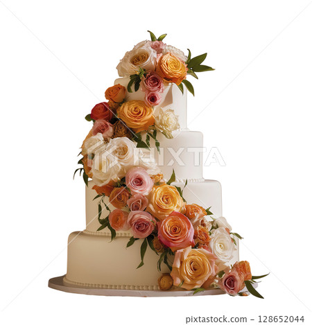 Multi tiered wedding cake decorated with cascading roses in shades of pink, orange, cream, and white, with green leaves, elegant and festive for celebration 128652044