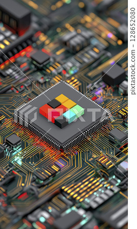 Close up of computer microchip with colorful pixel art logo circuit board electronic components microprocessor technology hardware digital device integrated circuit electronic parts circuit lines 128652080