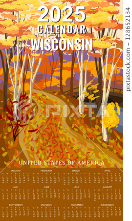 Calendar Monthly 2025 Wisconsin Autumn park valley, forest trail, walkway 128652134