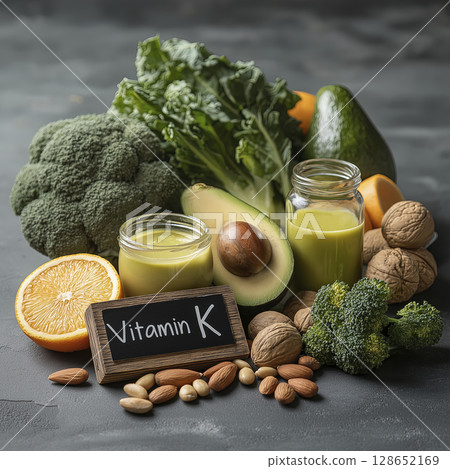 Fresh green vegetables and nuts with glass of green juice and half lemon, promoting healthy eating and vitamin K benefits, on dark surface with small chalkboard sign 128652169