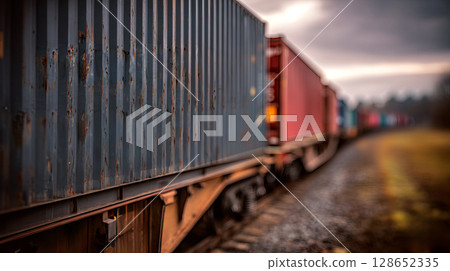 Close-Up of Cargo Containers on Freight Train in Industrial Setting Under Dramatic Sky 128652335