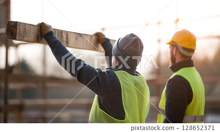 Workers on Construction Site Holding Wooden Beam with Safety Helmets and Vests at Sunset 128652371