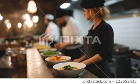 Dedicated Chef Preparing Fresh Ingredients in Modern Restaurant Kitchen Environment 128652435