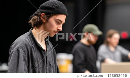 Focused Young Man in Black Attire Working with Other Individuals in a Creative Environment 128652436