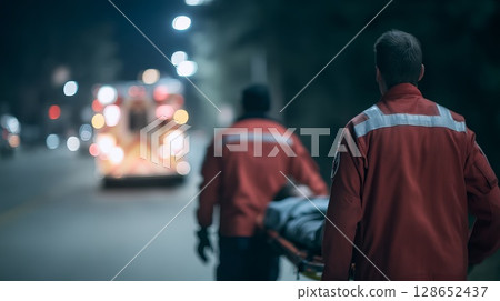 Emergency Medical Technicians Transporting Patient by Ambulance Under Night Sky 128652437