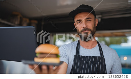 Smiling Food Truck Owner Presenting Delicious Burger on Tray in Outdoor Setting Smiling Food Truck Owner Presenting Delicious Burger on Tray in Outdoor Setting 128652438