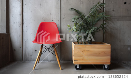 Red plastic chair with wooden legs sits next to wooden planter box on wheels containing lush green plant, set against concrete wall in modern interior space 128652524