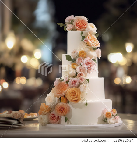 White wedding cake with cascading orange and pink roses and green leaves, elegant and beautifully decorated for celebration or wedding event, with soft lighting in background 128652554