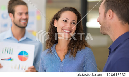 Professional Team Meeting with Charts and Smiling Colleagues in Modern Office Setting 128652582