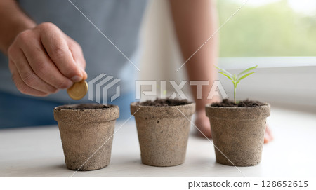 Person Investing in Growth with Coins and Small Plants in Pots on a Table in Bright Setting Person Investing in Growth with Coins and Small Plants in Pots on a Table in Bright Setting 128652615