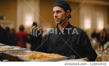 Professional Chef Holding Food Tray at Elegant Event in Upscale Venue 128652616