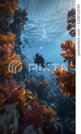 Diver exploring vibrant coral reef surrounded by colorful marine life in clear blue ocean water 128652699