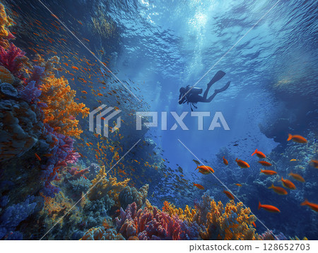 Colorful coral reef with scuba diver exploring vibrant underwater ecosystem surrounded by schools of fish and clear blue water 128652703