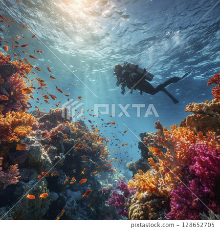 Scuba diver exploring vibrant coral reef with colorful fish and sunlight filtering through water surface 128652705
