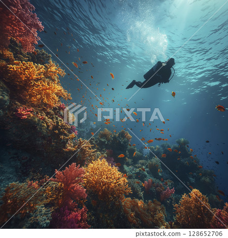 Underwater scene with diver exploring vibrant coral reef filled with colorful corals and small fish, illuminated by sunlight filtering through water surface, creating serene and lively marine 128652706