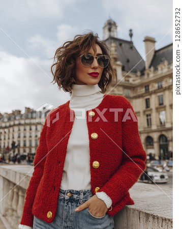 Stylish woman with wavy hair, wearing sunglasses, red textured jacket with gold buttons, white turtleneck sweater, and jeans, standing outdoors urban setting with historic buildings background 128652732