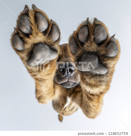 Close up of playful puppy with paws pressed against camera lens, showing detailed paw pads and fur, with neutral background, capturing cute and curious expression 128652759