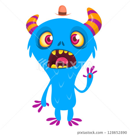 Cartoon cute monster with funny excited face expression waving hands. Vector illustration isolated on white. Halloween design Cartoon cute monster with funny excited face expression waving hands. Vector illustration isolated on white. Halloween design 128652890