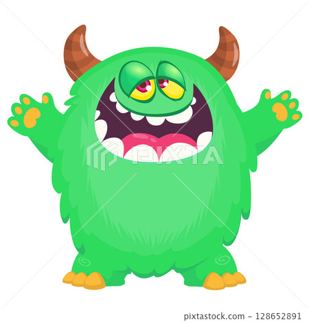 Cartoon cute monster with funny excited face expression waving hands . Vector illustration isolated on white. Halloween design 128652891