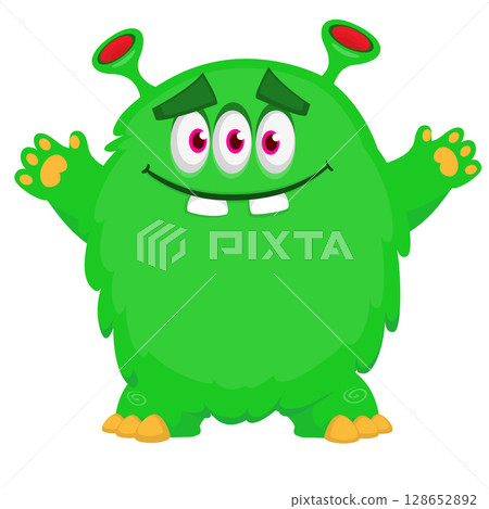 Cartoon cute monster with funny excited face expression waving hands . Vector illustration isolated on white. Halloween design 128652892