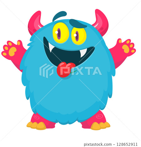 Cartoon cute monster with funny excited face expression waving hands . Vector illustration isolated on white. Halloween design Cartoon cute monster with funny excited face expression waving hands . Vector illustration isolated on white. Halloween design 128652911