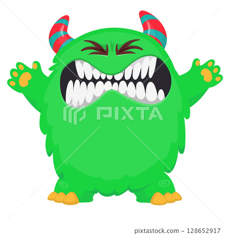 Cartoon cute monster with funny excited face expression waving hands . Vector illustration isolated on white. Halloween design 128652917