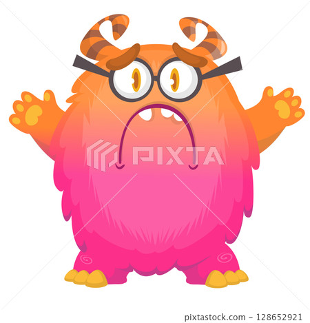 Cartoon cute monster with funny excited face expression waving hands . Vector illustration isolated on white. Halloween design Cartoon cute monster with funny excited face expression waving hands . Vector illustration isolated on white. Halloween design 128652921