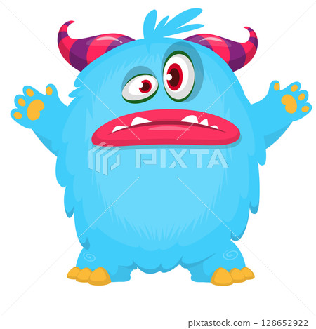 Cartoon cute monster with funny excited face expression waving hands . Vector illustration isolated on white. Halloween design Cartoon cute monster with funny excited face expression waving hands . Vector illustration isolated on white. Halloween design 128652922