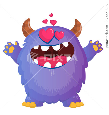 Cartoon cute monster with funny excited face expression waving hands . Vector illustration isolated on white. Halloween design Cartoon cute monster with funny excited face expression waving hands . Vector illustration isolated on white. Halloween design 128652929