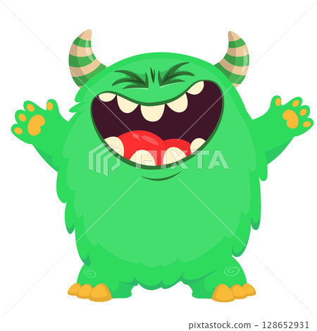 Cartoon cute monster with funny excited face expression waving hands . Vector illustration isolated on white. Halloween design 128652931
