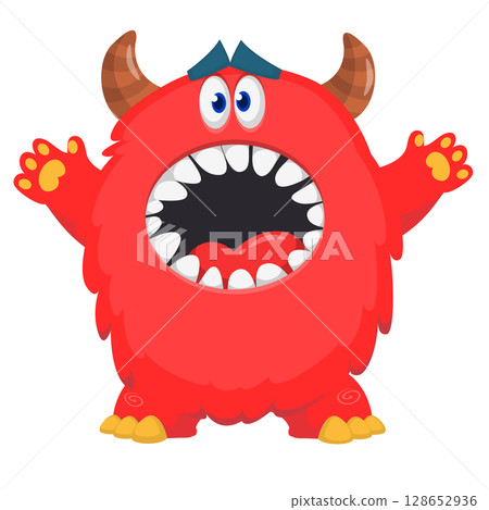 Cartoon cute monster with funny excited face expression waving hands . Vector illustration isolated on white. Halloween design 128652936