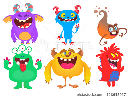 Funny cartoon monsters with different face expressions. Set of cartoon vector happy monsters characters. Halloween design for party decoration, package design Funny cartoon monsters with different face expressions. Set of cartoon vector happy monsters characters. Halloween design for party decoration, package design 128652937