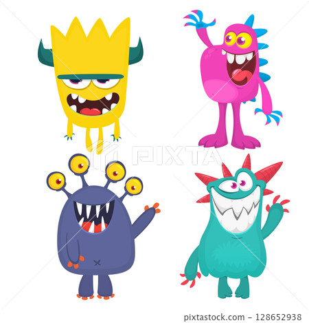 Cute cartoon Monsters. Set of cartoon monsters: goblin, ghost, troll, monster, yeti and alien . Halloween design. Vector illustration isolated 128652938